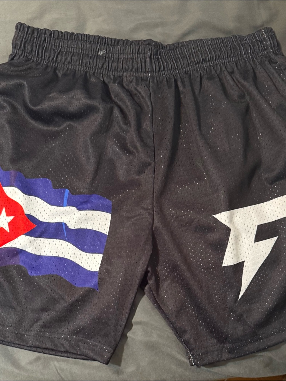 Crisp - Black Athletic Mesh Shorts with Flag & Lightning Graphic